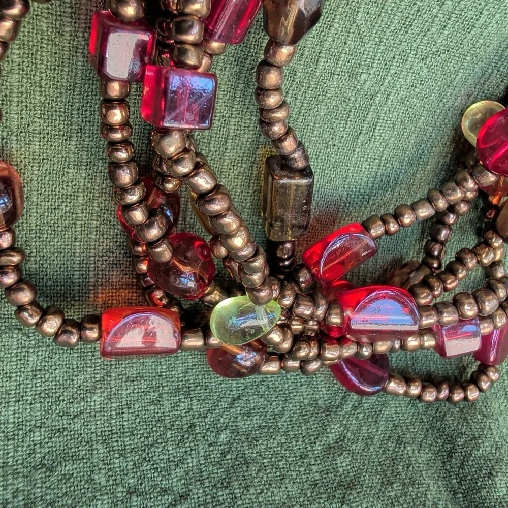 Art Glass Multi Strand Beaded Necklace Brass Tone 6 Strand Boho 16